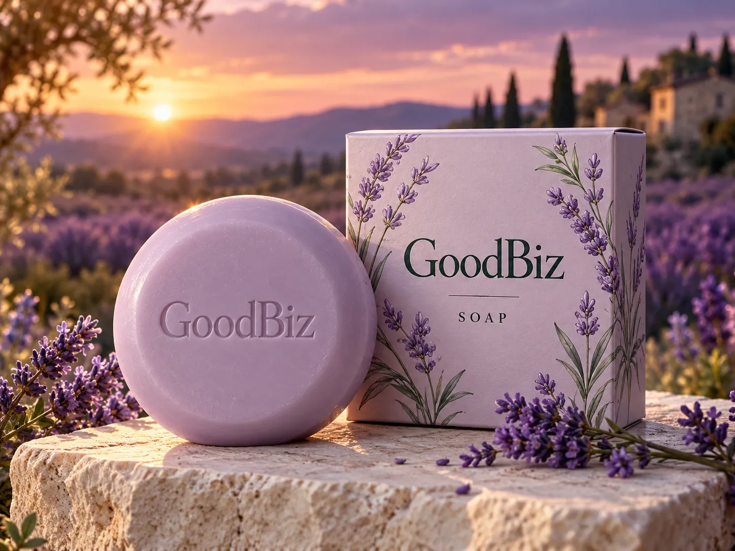 قالب صابون GoodBiz دائري بعطر اللافندر بجانب كرتونه المطبوع بلون اللافندر