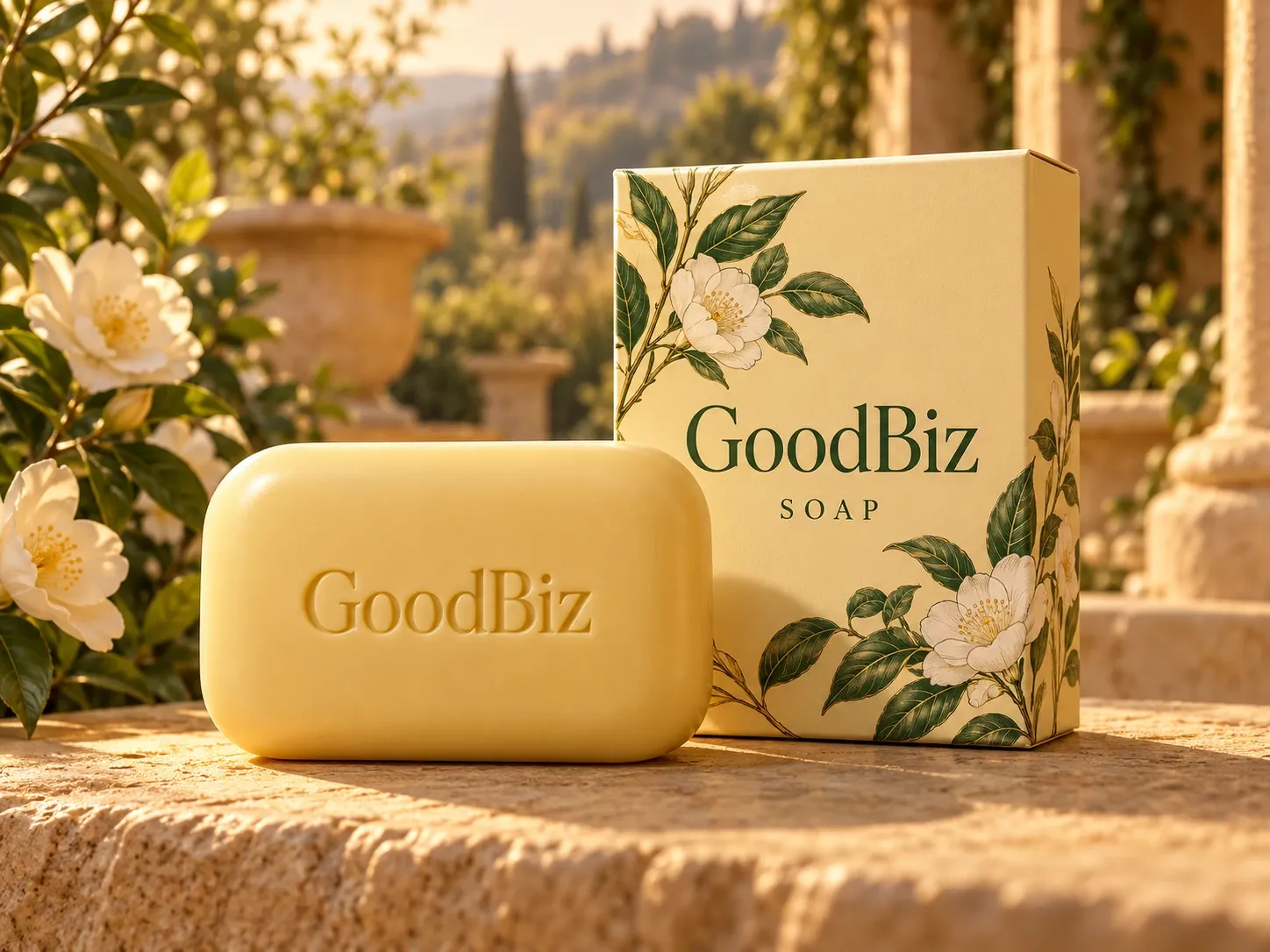 Sabun mandi batang persegi panjang berwarna kuning dari GoodBiz di samping kartonnya yang bercetak bunga putih